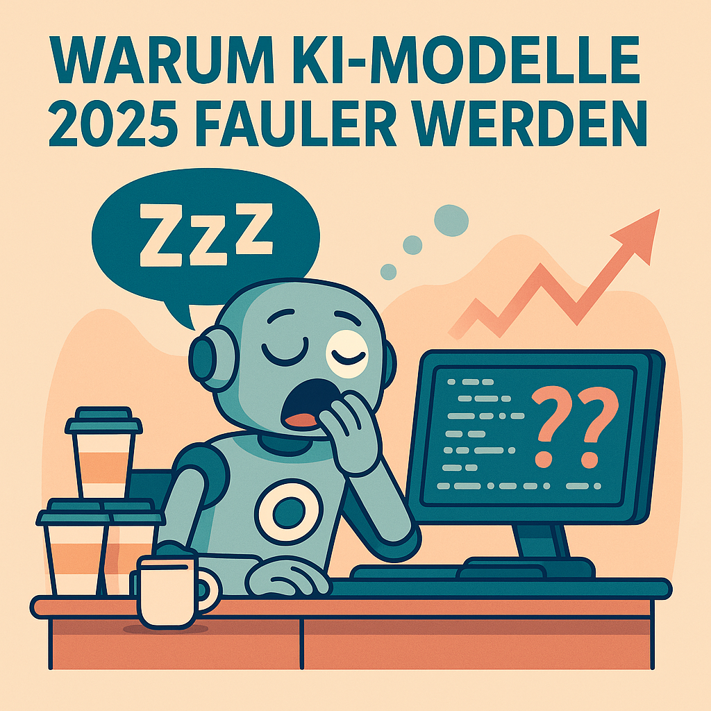 Illustration: Müder Roboter gähnt vor Computer – Symbol für faule KI-Modelle 2025